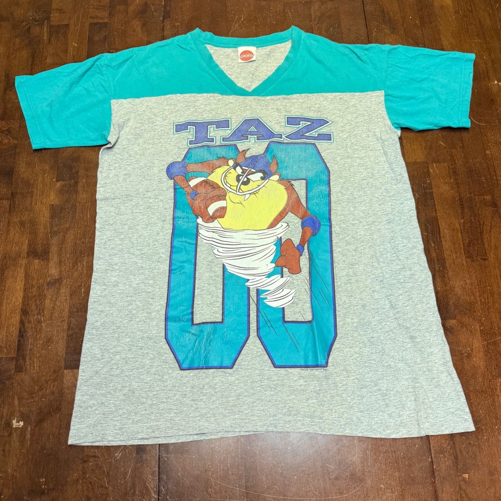 Looney Tunes Taz Graphic Tee OSFM Teal Gray Vintage‎ 1995 Football Sleep Shirt